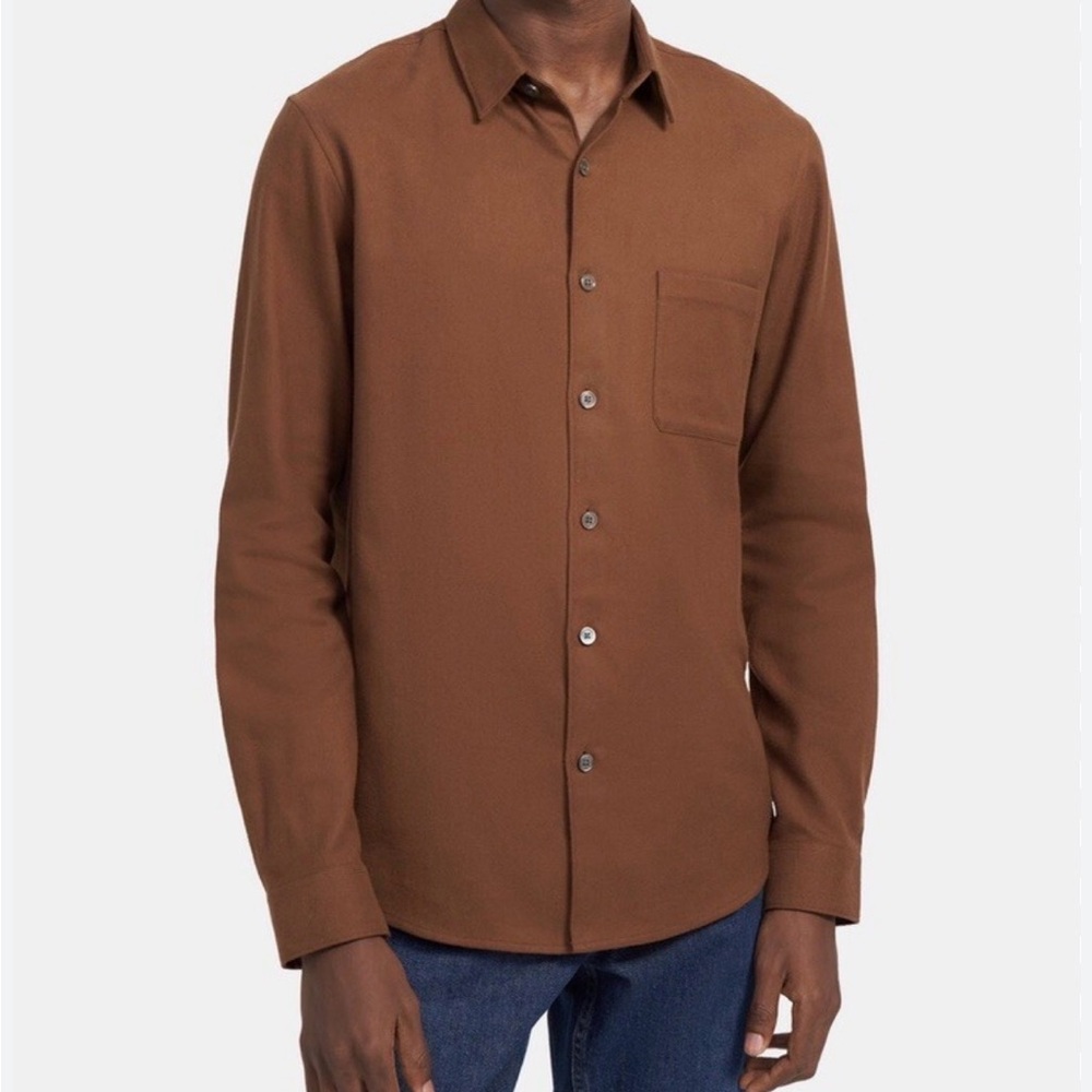 THEORY Men’s Rammy Hazel Burnt Orange Flannel Soft Cotton Twill Shirt Brown M